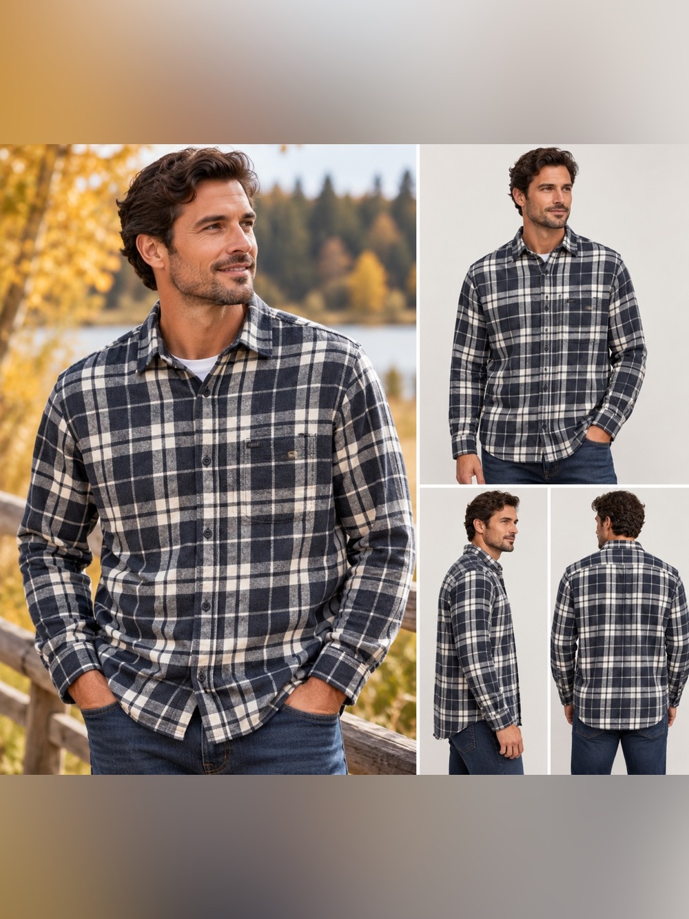 Jack & Jones Originals Men’s L Navy Grey Plaid Flannel Button Up Shirt